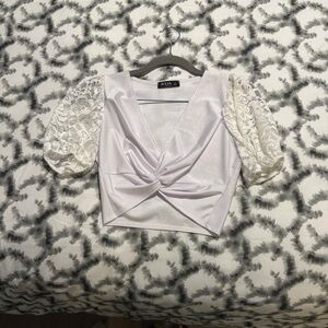 Twist-Front Lace Puff Sleeve Crop Top in White